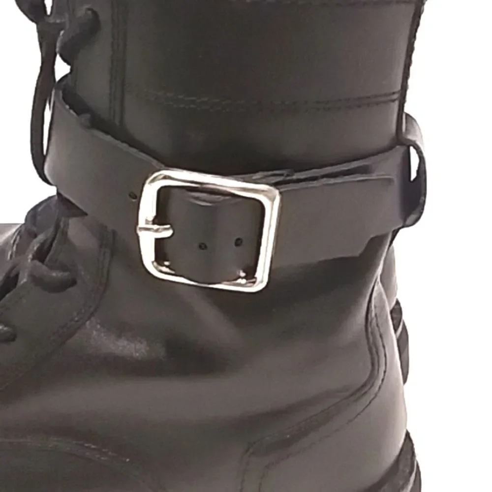 Zara Girls Combat Boots Leather Lug Easy Zip Laced Look Silver Buckles EU 32